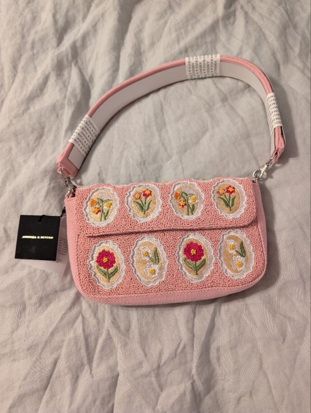 America & Beyond NWT VIRAL Beaded Shoulder Bag 3D Floral Print Pink Red White